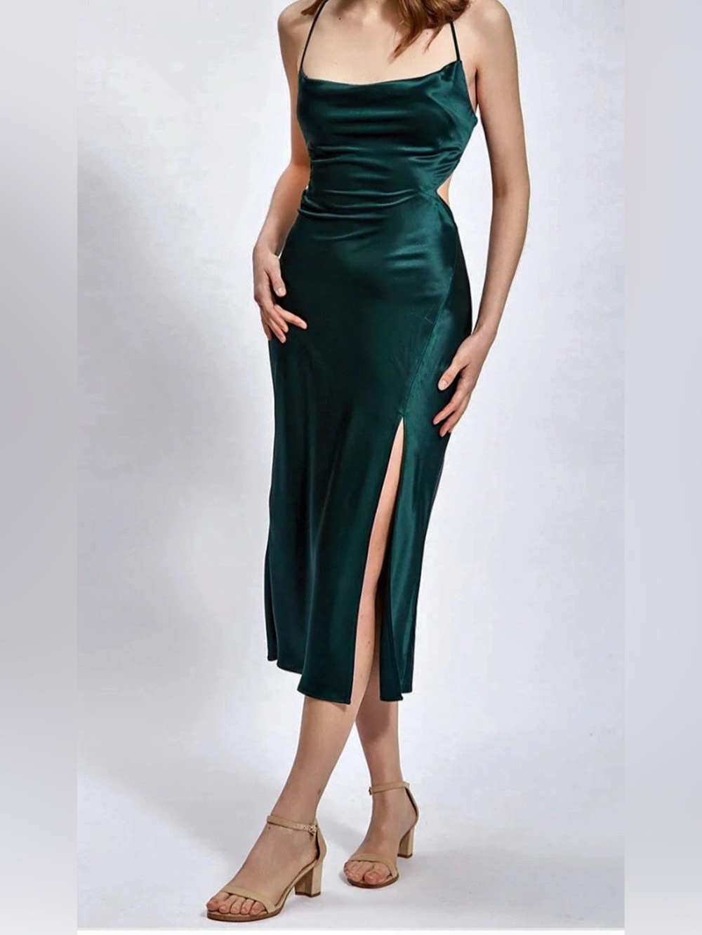 Satin-Style Midi Dress in Green Size Small